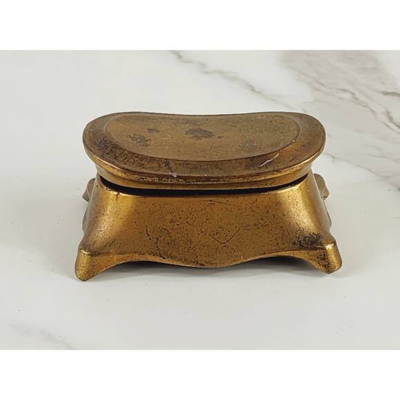 Rare Gold Brass Mini Trinket Coffin Chest Stamp Box 3 1/4" Home Art Decor Vtg - Picture 1 of 14